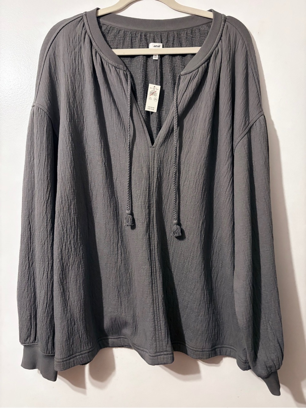 aerie Charcoal Gray V-Neck Pullover Hoodie with Drawstring